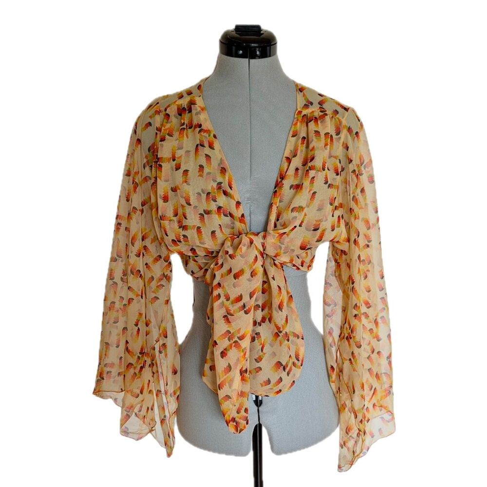 VTG 70s Sheer Chiffon Tie Front Yellow & Orange Angel Sleeves Crop Top, Sz. S/M